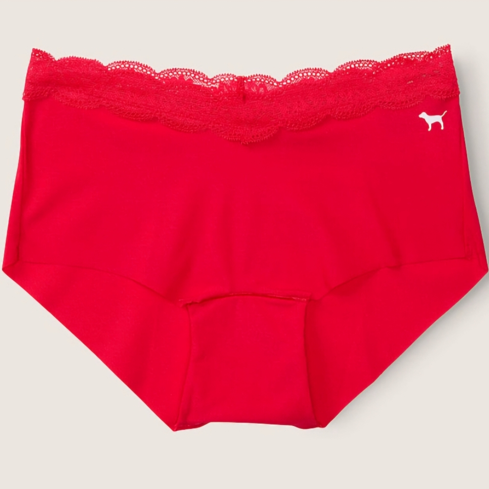 NEW Vs-PINK RED LACE WAISTBAND BOY SHORTS/SIZE MEDIUM